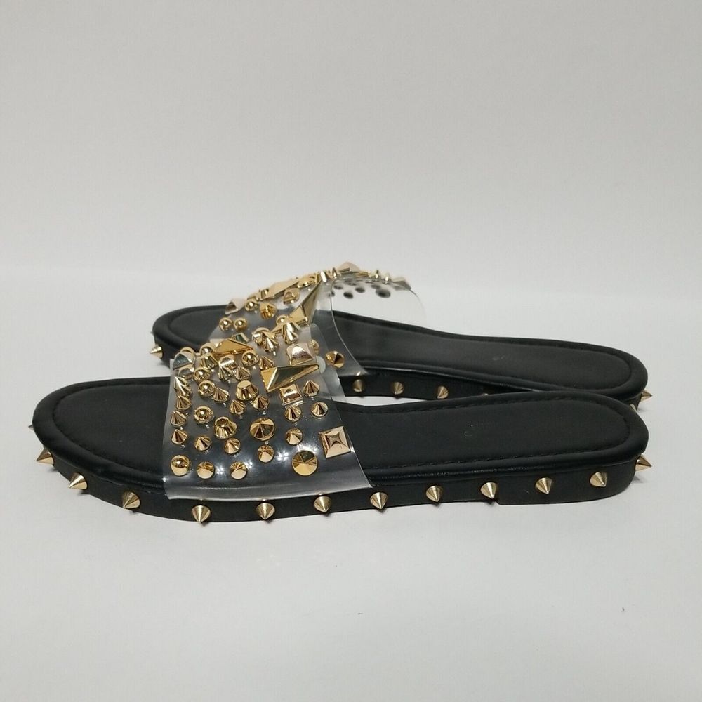 Studded pvc‎ Sandals Women's Black /Gold Size 8 Slip-On Shoes - Picture 4 of 7